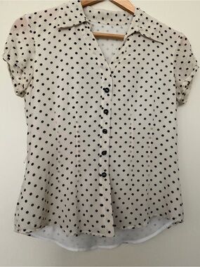 Vintage Silk Polka Dot Cap Sleeve Blouse Cream Black S/M Feminine Coquette EUC